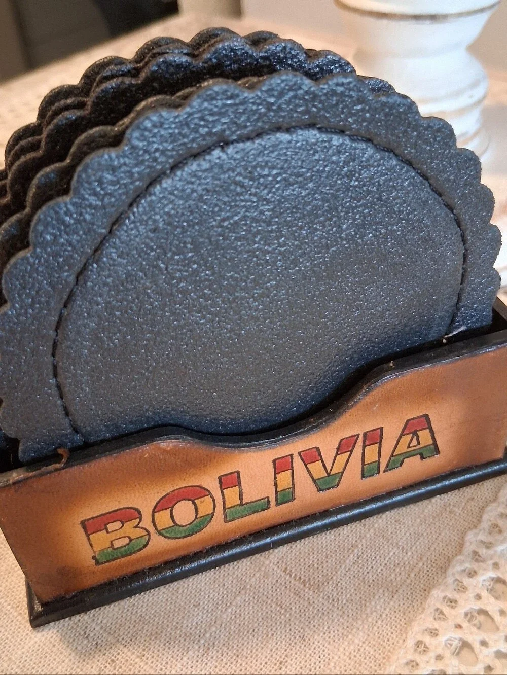 Vintage Hand Tooled Leather Coasters 6 Different BOLIVIAN Scenes